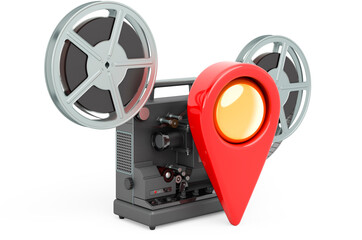 Obraz premium Movie theater location concept. Map pointer with film projector, 3D rendering