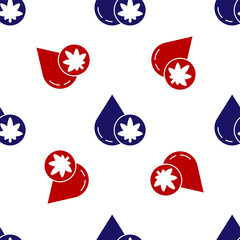 Blue and red Medical marijuana or cannabis leaf olive oil drop icon isolated seamless pattern on white background. Cannabis extract. Hemp symbol. Vector Illustration