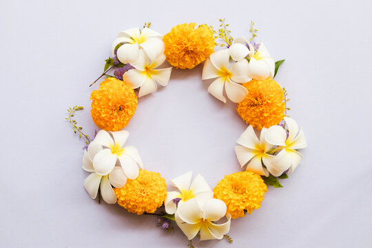 Marigold, Frangipani, Purple Flowers Local Flora Of Asia Arrangement Flat Lay Postcard Circle Style On Background White 