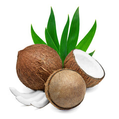 three different-sized coconuts with coconut pulp and green juicy foliage on a white isolated background close-up