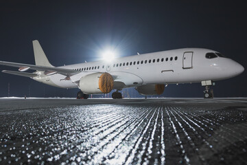 Modern passenger jet plane on the night airport apron