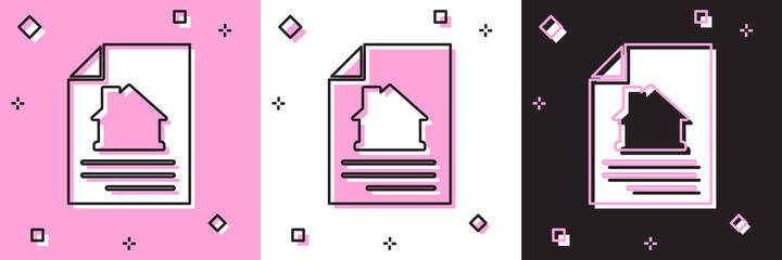 Set House contract icon isolated on pink and white, black background. Contract creation service, document formation, application form composition. Vector