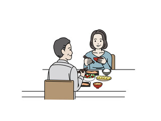 一緒に食事をする中高年の夫婦　朝食　食卓　男女　ミドル　イラスト素材