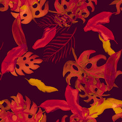 Violet Monstera Textile. Autumn Banana Illustration. Yellow Tropical Illustration. Purple Seamless Set. Orange Pattern Wallpaper. Pink Watercolor Monstera. Botanical Print.