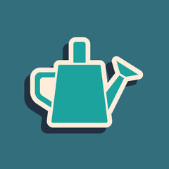 Green Watering can icon isolated on green background. Irrigation symbol. Long shadow style. Vector