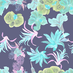 Fototapeta na wymiar Yellow Hibiscus Wallpaper. Pink Flower Leaf. Watercolor Decor. Floral Wallpaper. Seamless Foliage. Pattern Plant. Tropical Wallpaper. Fashion Textile.