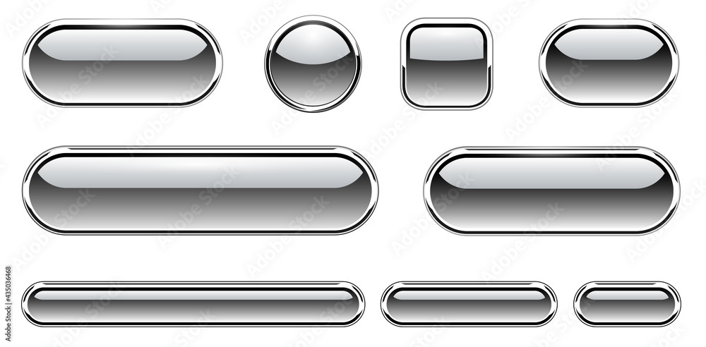 Poster Grey shiny buttons set, glossy isolated icons with metallic chrome elements, vector illustration.