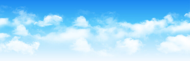 Sunny day background, blue sky with white cumulus clouds, natural summer or spring background with perfect hot day weather, vector illustration.