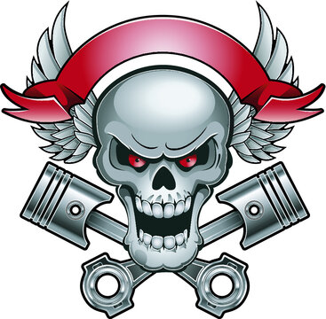 Skull with engine Pistons, banner and wings