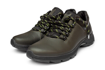 Pair of sport men leather shoes on white background.