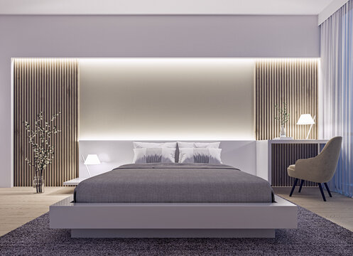 Modern Interior Design Of Spacious Luxury Bedroom With Wood Slat Wall And Accent Lighting At Night, 3d Rendering, 3d Illustration