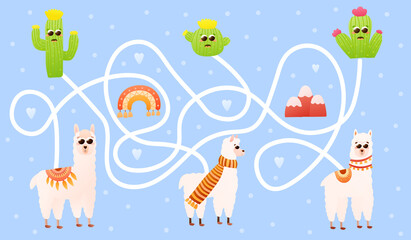 Children find right way puzzle with cute llamas or alpacas and kawaii cactus characters for books or printable worksheet