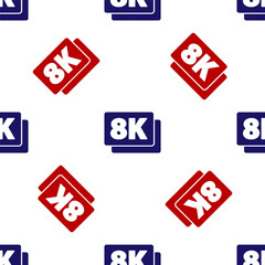 Blue and red 8k Ultra HD icon isolated seamless pattern on white background. Vector