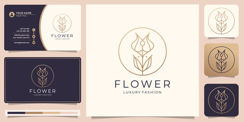 Minimalist flower rose logo with frame shape templates and business card design. Premium Vector