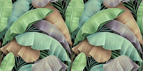 Tropical exotic seamless pattern of vintage pastel color banana leaves, palm foliage. Hand-drawn textured beautiful 3D illustration. Glamorous luxury background. Good for wallpapers, fabric printing.