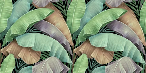 Gardinen Tropisches exotisches nahtloses Muster von Vintage-Pastellfarben-Bananenblättern, Palmenlaub. Handgezeichnete strukturierte schöne 3D-Illustration. Glamouröser Luxushintergrund. Gut für Tapeten, Stoffdruck. © alenarbuz
