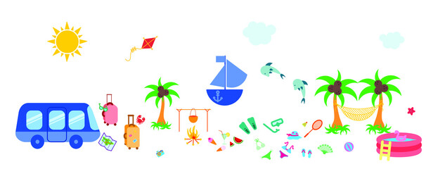 set of elements on the theme of summer, beach, sea, ship, palms, sun, rest, vacation. Flat vector illustration