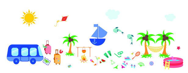 Fototapeta premium set of elements on the theme of summer, beach, sea, ship, palms, sun, rest, vacation. Flat vector illustration