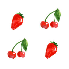 Watercolor illustration of cherry and strawberry berries isolated on white background