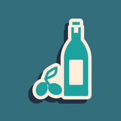 Green Bottle of olive oil icon isolated on green background. Jug with olive oil icon. Long shadow style. Vector