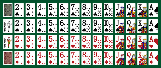 French poker set with isolated cards on green background - Poker playing cards - Miniature playing cards for mobile applications