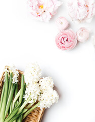 Fototapeta na wymiar peonies flowers with macaroons on white background, top view