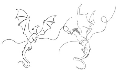 dragon drawing by one continuous line, sketch, vector, isolated