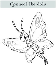 Connect the dots, education game for children, butterfly. Black and white cartoon vector illustration.