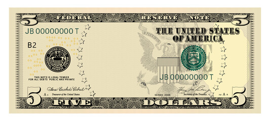 US Dollars 5 banknote -American dollar bill cash money isolated on white background.