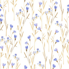 Fototapeta na wymiar Floral seamless pattern of delicate abstract plants with blue small flowers. Watercolor print isolated on white background.