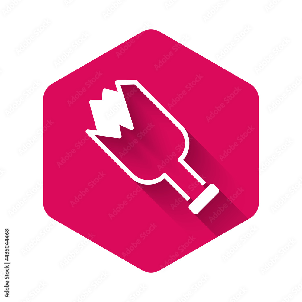 Poster white broken bottle as weapon icon isolated with long shadow. pink hexagon button. vector