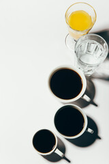 Obraz na płótnie Canvas Drinks: Coffee, Orange Juice, water top view