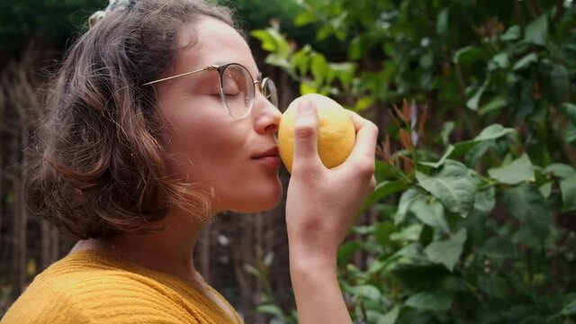 Young woman picking up a lemon from a tree and smelling it. Own production.