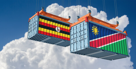 Two freight container with Uganda and Namibia national flag. 3D Rendering