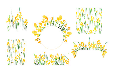 Yellow tulips or irises in wreaths and bouquets. Set of graphic elements on a white background. Patterns converging from two and four sides. Ornament for printing on circles and other media.