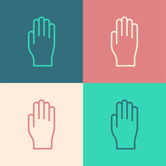 Obraz premium Pop art line Medical rubber gloves icon isolated on color background. Protective rubber gloves. Vector Illustration