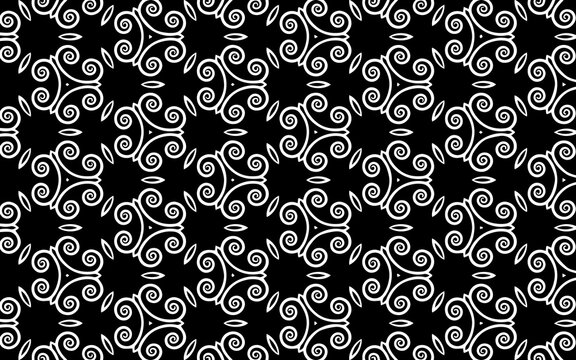Black white geometric background. Ethnic pattern of people of East and Asia. Beautiful doodling style with curlicues. Template for wallpaper, stained glass, presentations, textiles, coloring.