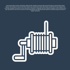 Obraz premium Blue line Spinning reel for fishing icon isolated on blue background. Fishing coil. Fishing tackle. Vector