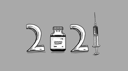 2021 corona virus or covid19 vaccination in the world monochromatic digital illustration art with cartoon style