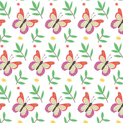 Minimalistic seamless pattern of butterflies and leaves