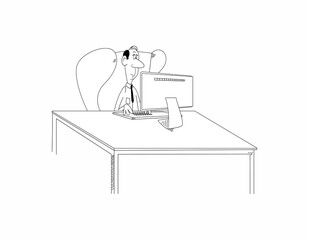 Funny cartoon bald man or nerd guy sit in chair at desk working on computer. Funny male clerk or professor with tie look at monitor.Raster illustration like sketch in black and white