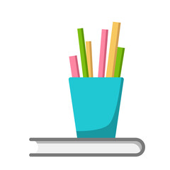 Blue cup with colourful pencils standing on grey book, isolated on white background. Flat style, vector illustration