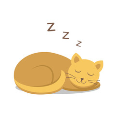 Sleeping ginger cat with grey shadow, isolated on white background. Cozy, cute and sweet domestic pet, smiling while dreaming. Flat style, vector illustration