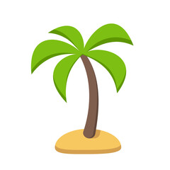 Palm tree with green leaves, brown trunk and yellow sand island, isolated on white background. Flat style, vector illustration