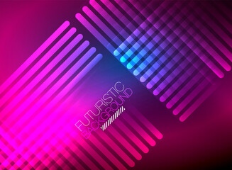 Bright neon color techno abstract background, shiny glowing neon lines in the dark background