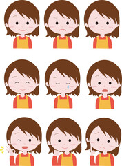 エプロンの女性表情別イラスト