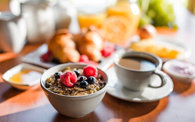 Breakfast served with coffee, orange juice, croissants, cereals