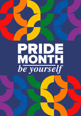 LGBTQIA Pride Month in June. Lesbian Gay Bisexual Transgender. Celebrated annual. LGBT flag. Rainbow love concept. Human rights and tolerance. Poster, card, banner and background. Vector illustration