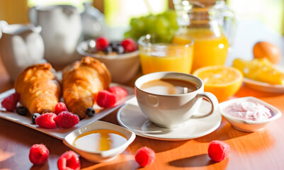 Breakfast served with coffee, orange juice, croissants, cereals