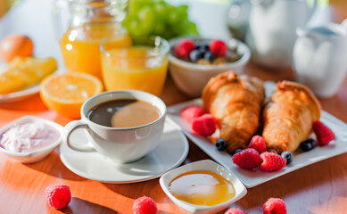 Breakfast served with coffee, orange juice, croissants, cereals